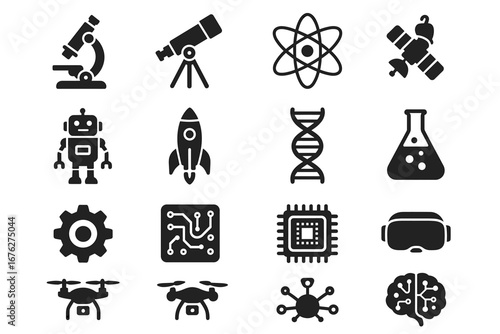 Science and technology icons: microscope, telescope, atom, satellite, robot, rocket, dna, flask, gears, circuit, chip, vr, drone, ai, brain