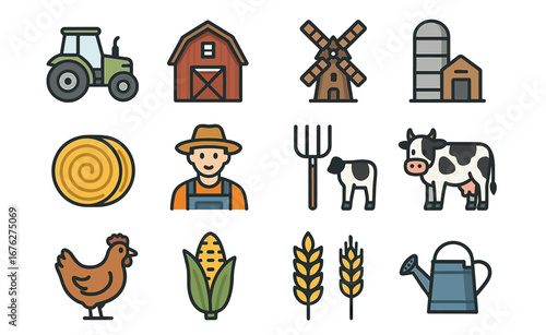 Farm icons collection: tractor, barn, windmill, farmer, animals, crops, tools
