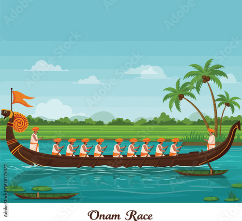 Traditional Kerala boat race illustration on a serene backwater with cheering men, celebrating the vibrant cultural festival of Onam with dynamic energy.