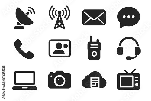 Communication icons set featuring satellite, antenna, mail, and technology symbols