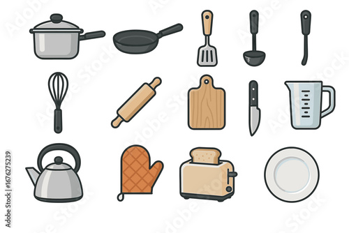 Kitchen utensils and appliances: pot, pan, kettle, toaster, and more