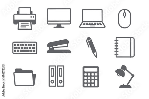 Office equipment icons: printer, computer, mouse, keyboard, and more