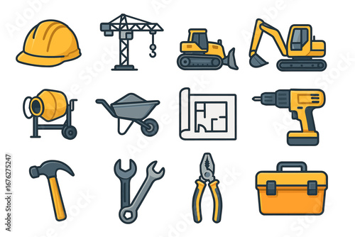 Construction tools icons: helmet, crane, bulldozer, excavator, drill, hammer, wrench, pliers