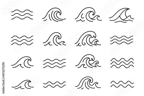 Collection of minimalist ocean wave icons in black and white style