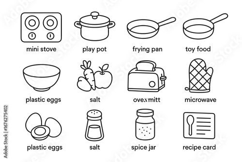 Line art kitchen toys: mini stove, play pot, frying pan, toy food, and more