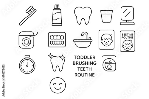 Toddler brushing teeth routine icons set for dental hygiene awareness