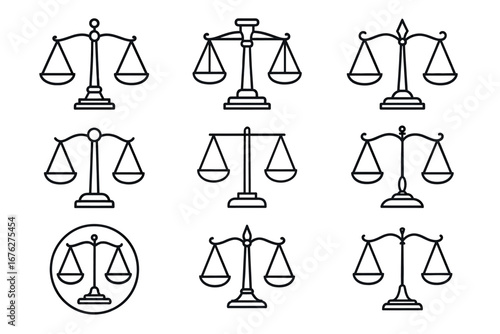 Set of eight diverse justice scales icons in black and white line art design