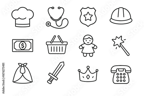 Simple line icons of chef hat, stethoscope, badge, hard hat, basket, doll, wand, cape, sword, crown, telephone