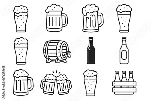 Variety of beer icons: glasses, mugs, bottles, and barrels in outline style