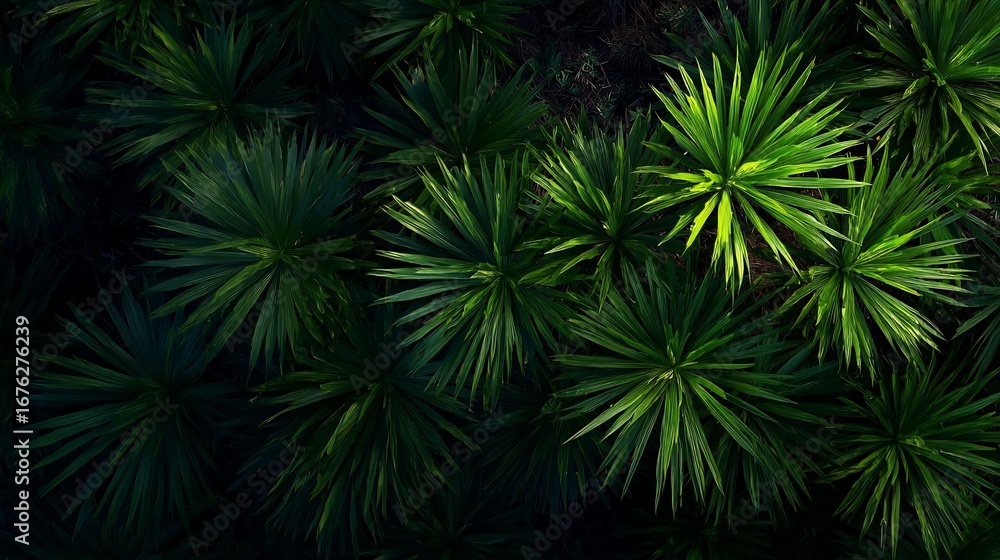 Fototapeta premium Lush Green Tropical Palms with Bright Sunlight in Natural Jungle Setting