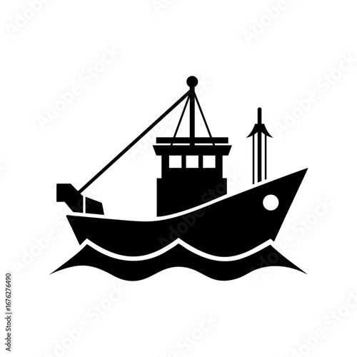 Fishing Trawler Black Silhouette Vector