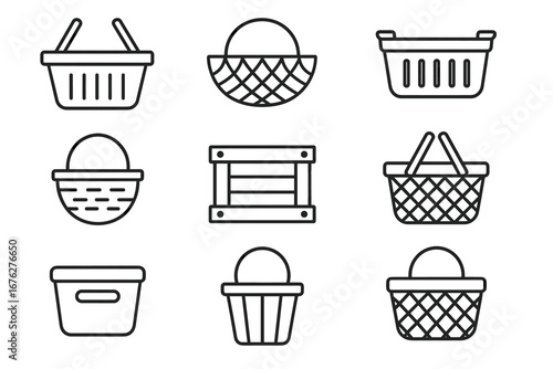 Collection of nine minimalist basket and crate icons in black and white design