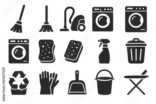 Home cleaning icons: vacuum, mop, washer, sponge, recycling bin, gloves, bucket, ironing board