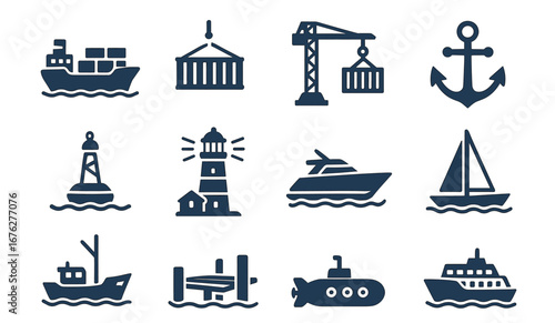 Maritime icons set: ships, lighthouses, anchors, cranes, boats, submarine, compass