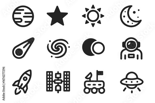 Space icons set featuring celestial bodies, astronaut, and spacecraft