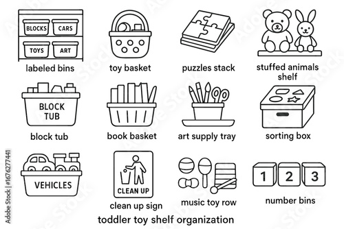 Toddler toy shelf organization with labeled bins and baskets for easy sorting