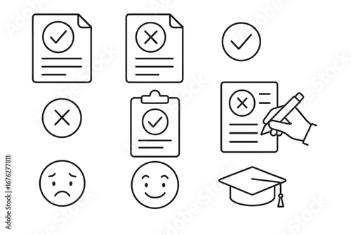Checklist and feedback icons featuring smiley and sad faces with graduation cap
