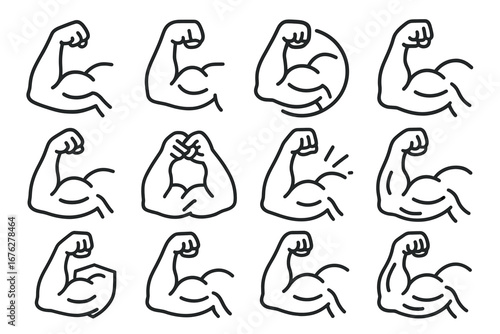 Set of bicep flex doodle icons with strong arm poses
