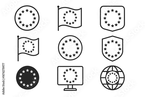 European union flag icons set: stars in various shapes and styles