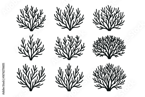 Collection of nine stylized coral silhouettes in black and white