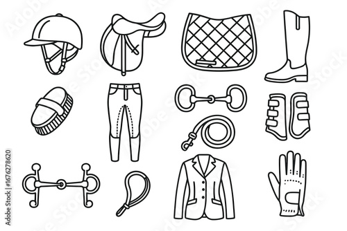 Equestrian gear collection: saddle, helmet, boots, gloves, and riding apparel
