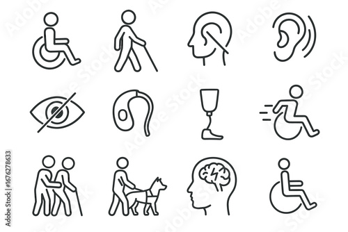 Accessibility icons: mobility, hearing, vision, assistance, inclusion symbols