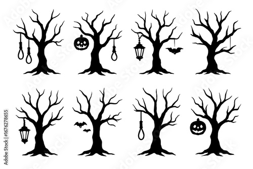Shadowy halloween trees with spooky decorations and bats silhouettes