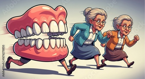 Two Elderly Women Running from a Giant Set of False Teeth in a Humorous Cartoon Style for Comedy Blogs, Health Awareness, Geriatric Care, and Dental Hygiene Articles  