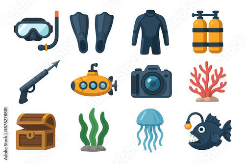 Diving equipment and marine life icons with coral, shark, and submarine
