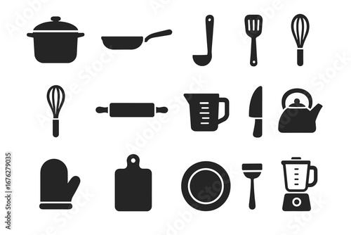 Set of black silhouette kitchen utensil icons including pot, pan, whisk, and more