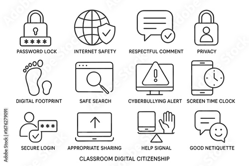 Classroom digital citizenship icons: internet safety, password privacy, cyberbullying alert