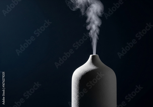 A minimalist ceramic diffuser emits a plume of white mist against a dark blue backdrop, creating a serene atmosphere
