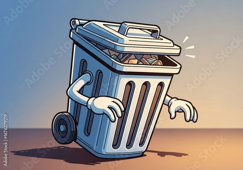 Cartoon Trash Can Character with Arms and Wheels on Minimalist Background for Environmental Awareness, Recycling Blogs, Sustainability Websites, and Educational Content  