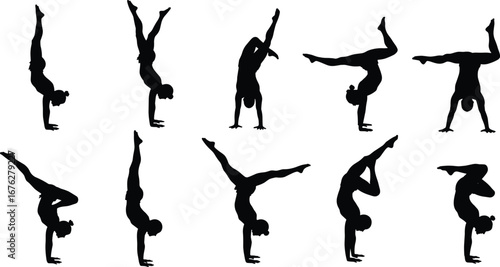 Black silhouette vector set of athletes performing various handstand poses, gymnastics, yoga, and acrobatics balance strength exercise illustration