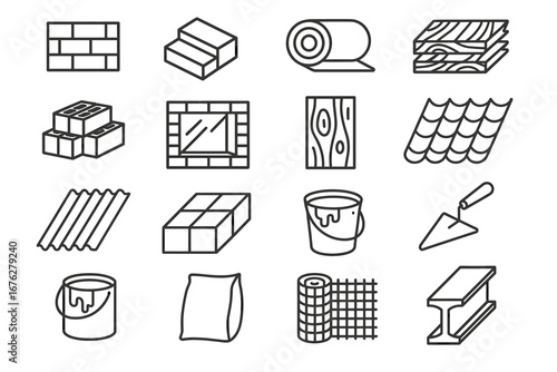 Outline icons: building materials - brick, tile, cement, steel, wood