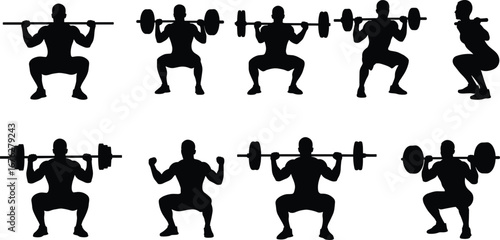 Black silhouette vector set of athletes performing barbell squats in varied depths and postures, strength training gym workout illustration