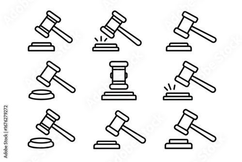 Set of nine outline judge gavels in different positions on white background