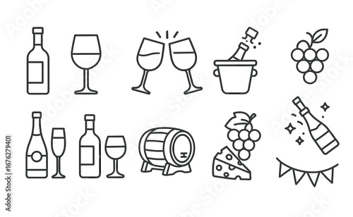 Wine icons: bottles, glasses, grapes, barrel, cheese, celebration symbols