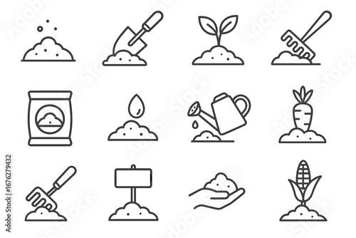 Gardening icons collection with tools and plants on white background