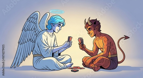 Angel and Devil Playing Cards Together with Playful Expressions for Concepts of Good vs. Evil, Artistic Illustrations, Creative Content, and Storytelling Themes  