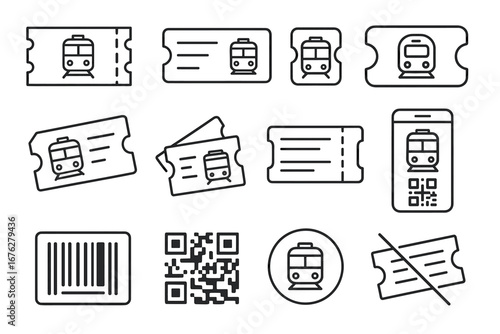 Public transit ticket icons: qr, barcode, mobile and paper designs