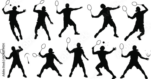 Collection of badminton player silhouettes in various action poses, hitting shuttlecock, sport, competition, agility, fitness and active lifestyle concept on white background