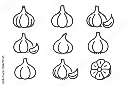 Set of garlic icons in minimalist outline style
