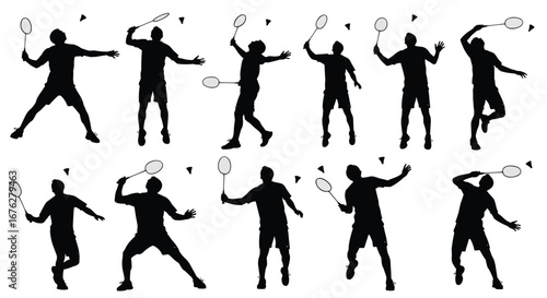 Collection of badminton player silhouettes in dynamic action poses, hitting shuttlecock, sport, fitness, competition and active lifestyle concept on white background