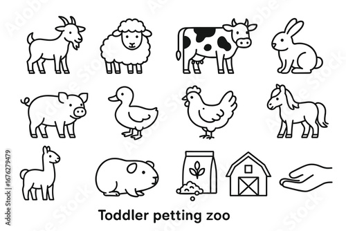 Cartoon farm animals and objects for toddlers: goat, sheep, cow, rabbit, pig, duck, chicken, horse, llama, guinea pig, barn