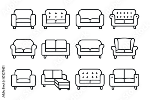 Various sofa and armchair outline icons for interior design