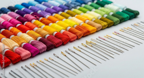 Colorful embroidery threads in a vibrant gradient, neatly arranged with sharp sewing needles, representing essential tools for creative crafting and textile art