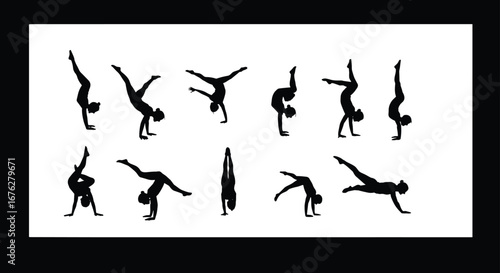 Collection of gymnastics and acrobatics silhouettes, dynamic flips, handstands, splits, athletic movement, sport, fitness and balance concept on white background