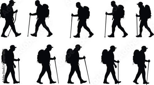 Collection of hiking silhouettes with backpacks and poles, outdoor trekking, adventure sport, fitness, travel and active lifestyle concept on white background