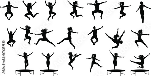 Collection of jumping and trampoline silhouettes in dynamic poses, athletic performance, sport, fitness, acrobatics and active lifestyle concept on white background